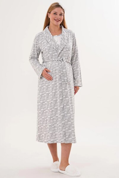 Pelin Women's Fleece Patterned Maternity Nightgown and Dressing Gown Set