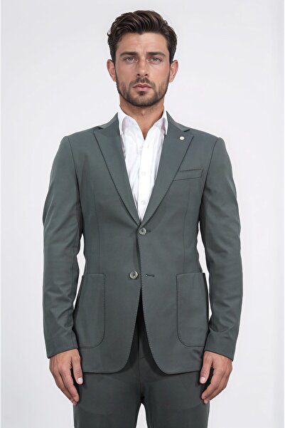 Velvarde Comfort Fit Bi-Strech Light Textured Green Unlined Single Jacket