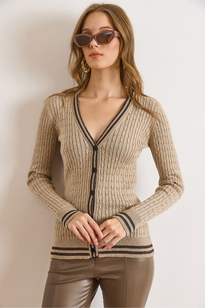 Olalook Women's Stone Stripe Detailed Hair Knitwear Cardigan Hrk-19000428