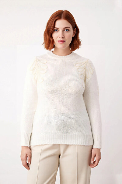 PayBuy Women's Ecru Regular Fit Floral Pattern Crew Neck Low Sleeve Knitwear Sweater Winter Chic Quality