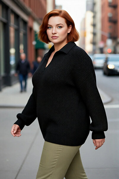 PayBuy Kadın Relaxed Kalıp Selanik Örgü Polo Yaka Kalın Akrilik Triko Kazak G...