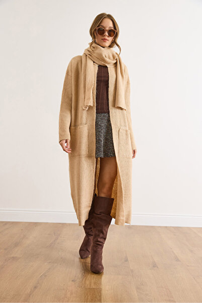 Olalook Women's Camel Self-Tie Pocketed Long Cardigan Hrk-19000429