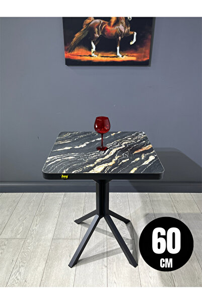 hey modüler mobilya Zeren Kare Luanda Mermer Mutfak Yemek Masası Balkon Masası Siyah Ayak 60 cm