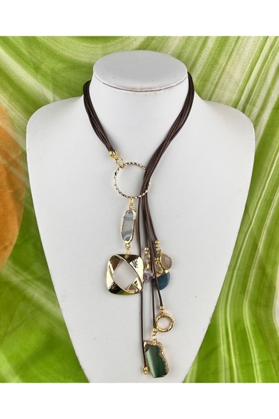 Orelia Takı Akik Taşlı Deri İpli Asansör Kolye