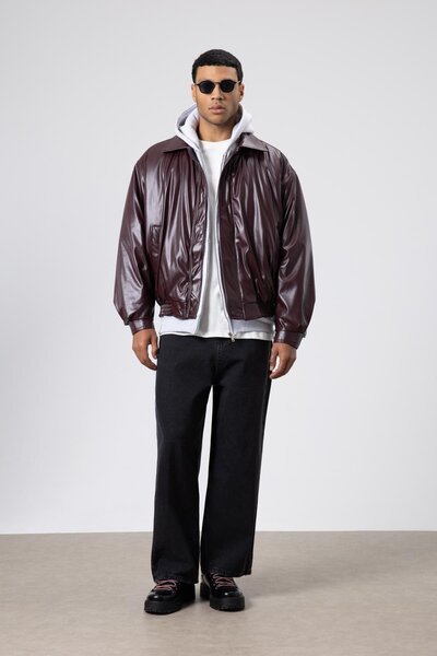 VAMOSCLO Basic Faux Leather Oversize Jacket Burgundy