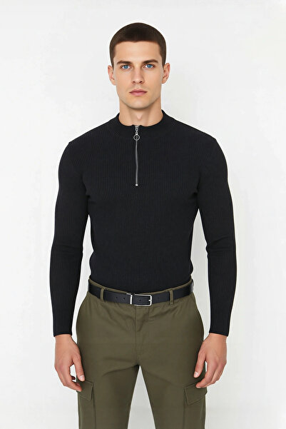 PayBuy Men's Fitted Stand Collar Zippered Ribbed Knit Sweater Stylish and Comfortable Cotton Polyester for Winter Season