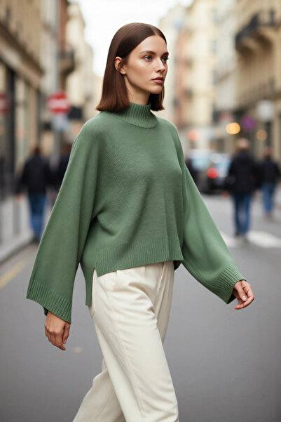 PayBuy Pulover de tricotat din acril cu mâneci spaniole, cu guler ridicat, pe...