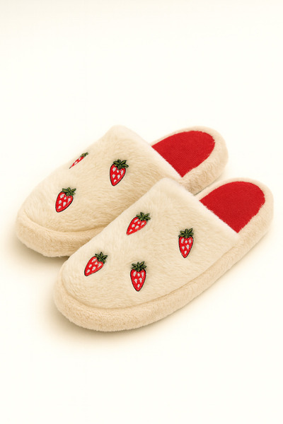Beyond Women's Cream Strawberry Embroidered Plush House Slippers Byndfkb02