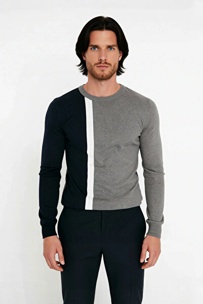 PayBuy Fitted Fit Crew Neck Color Block Long Sleeve Basic Textured Knit Sweater for Men Good Quality