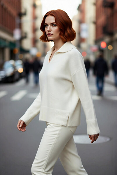 PayBuy Pulover de tricotat oversize pentru femei, cu guler polo, cu mâneci jo...