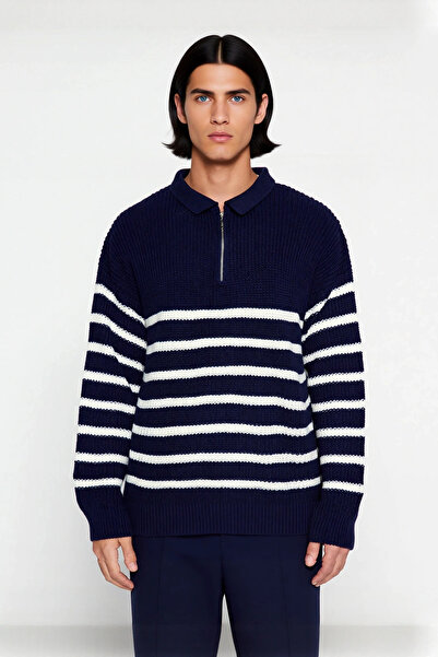 PayBuy Men's Oversized Fit Navy Blue Striped Polo Neck Knit Sweater Winter Comfortable Thessaloniki Woven Acrylic