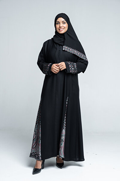 LAVİNİA Lavinia women's abaya, half-cloche, made of Internet fabric with colorful jacquard patterned fabric