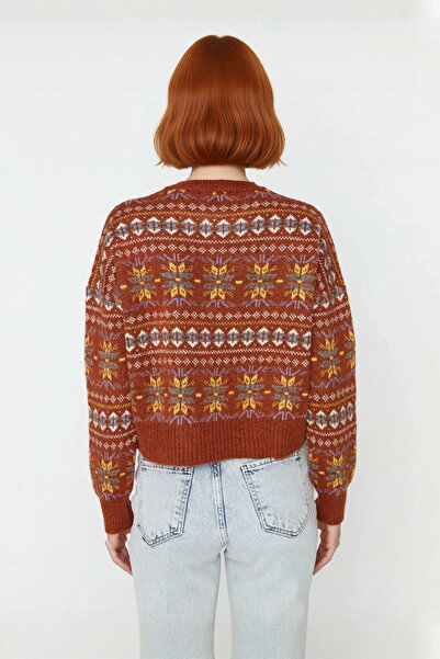 PayBuy Women's Oversized Ethnic Patterned Crew Neck Low Sleeve Knitwear Sweater Offers Winter Casual Chic