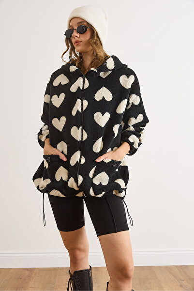 Olalook Kadın Siyah Kapüşonlu Cepli Astarlı Kalp Detaylı Wellsoft Kaban KBN-19000019