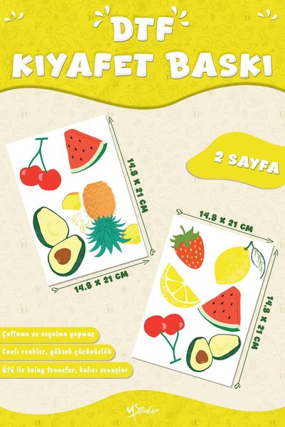 MSticker Kumaşa Baskı Yapılabilen Özel Tasarım Ütü Ile Yapışan Tekstil Dtf Baskı Görseli Meyveler 2 Temalı