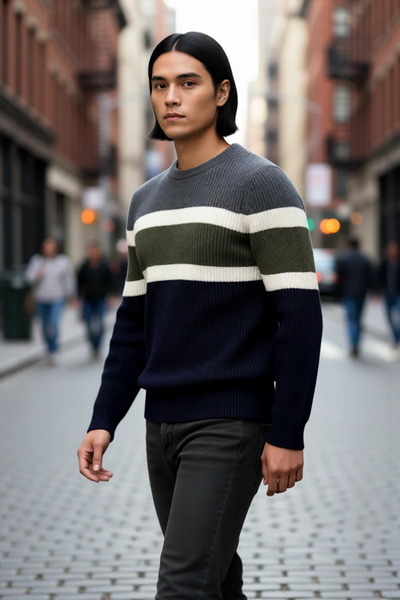 PayBuy Men's Fitted Cut Crew Neck Color Block Thick Knit Sweater Ideal Choice for Casual Outfits.