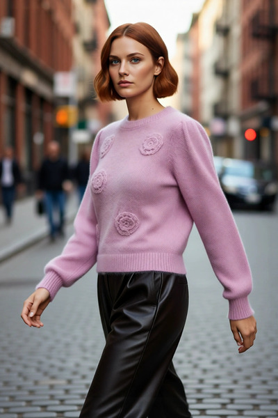 PayBuy Pulover de tricotat roz brodat cu mânecă lungă pentru femei, cu gâtul ...