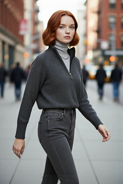 PayBuy سترة نسائية منسوجة من الأكريليك بياقة عالية وسحاب، تصميم قصير وفضفاض، مناسبة للشتاء