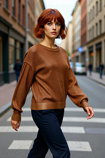 PayBuy سترة نسائية كبيرة الحجم بياقة دائرية وأكمام طويلة مطبوعة بنقشة ورق الشجر، ملابس تريكو لموسم الشتاء، أناقة يومية