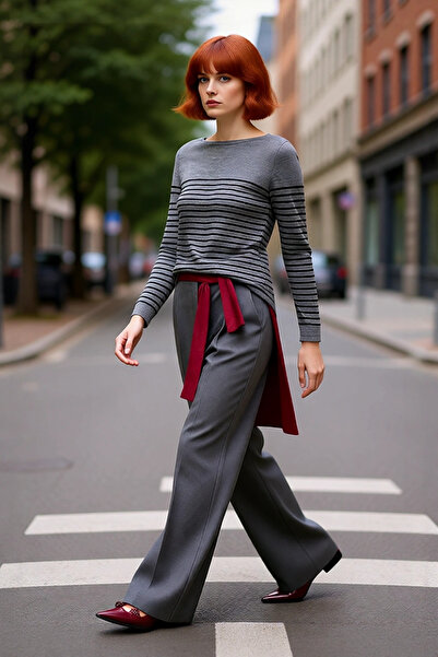 PayBuy Sivi prugasti akrilni pleteni džemper sa okruglim izrezom za žene - Po...