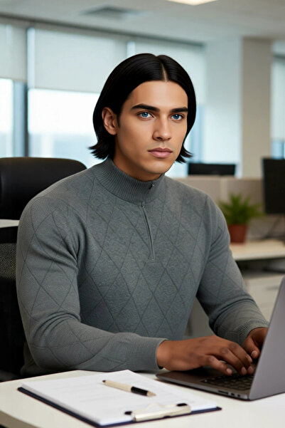 PayBuy Men's Gray Regular Fit Half Zipper Stand Collar Argyle Pattern Knitwear Winter Long Sleeve Sweater