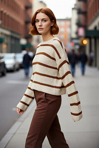 PayBuy سترة نسائية كبيرة الحجم ذات ياقة دائرية ومخططة، سترة تريكو قصيرة بأكما...