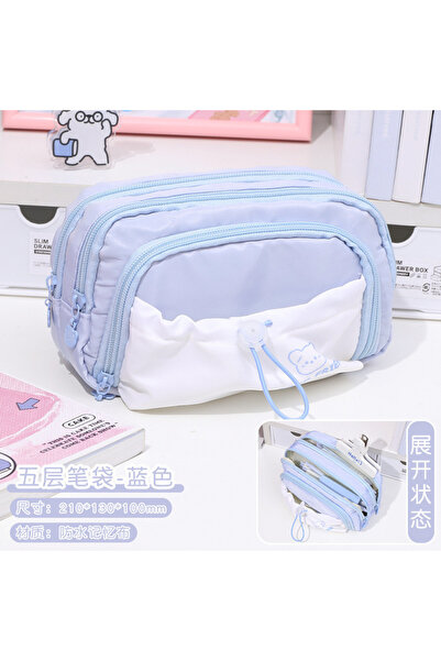 synshop Lüx İthal Mavi Geniş Kapasiteli Çok Bölmeli Büyük Boy Geniş Kapasiteli Kalemlik Kalem Kutusu