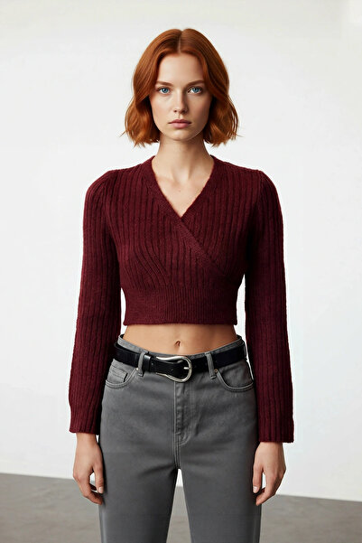 PayBuy Women's Anthracite Ribbed Double-Breasted Knit Sweater with Crop Cut, Stylish and Comfortable Outfits for Winter Days