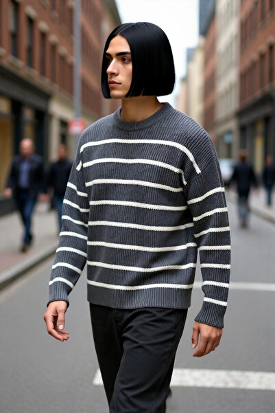 PayBuy سترة شتوية رجالية كبيرة الحجم بياقة دائرية مخططة من نسيج سيلانيك سميك من الأكريليك بأسلوب مريح