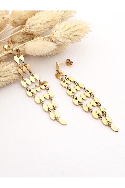 Siya Silver Kararmaz Çelik Pullu Püsküllü Sallantılı Uzun Küpe - 8 cm