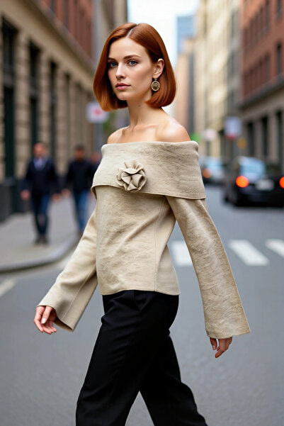 PayBuy Women's Rose Detailed Carmen Collar Knitwear Sweater Modern Stylish Regular Fit Bell Sleeve Comfortable Use Quality