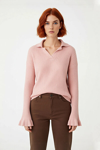 PayBuy Regular Fit, Lapel Collar Knitwear Sweater for Women, Flared Sleeve Detail, Winter Elegance, Quality