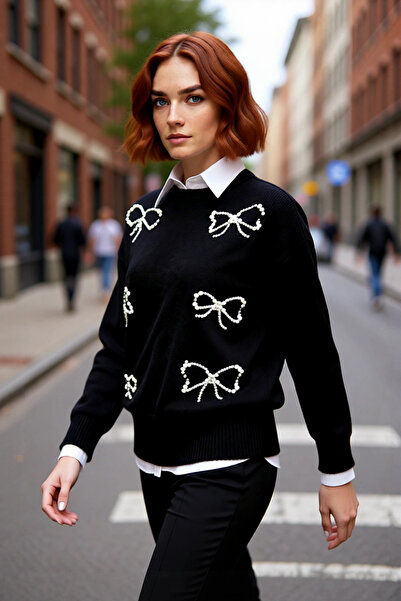 PayBuy Kadın İncili Fiyonk Desenli Triko Kazak Regular Kalıp Bisiklet Yaka Or...