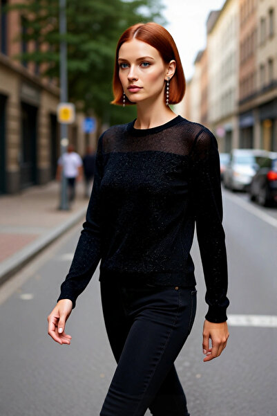 PayBuy Kadın Simli Transparan Detaylı Bisiklet Yaka İnce Triko Kazak İlkbahar...