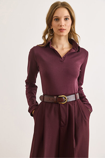 Olalook Women's Plum Polo Neck Tok Cotton Blouse Blz-19003143