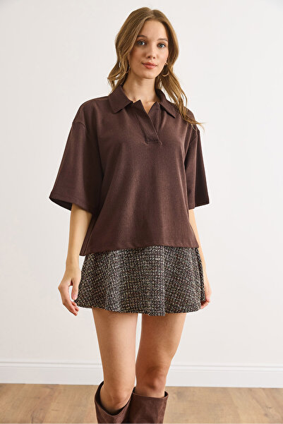 Olalook Women's Brown Polo Neck Flowy Soft Blouse Blz-19003140