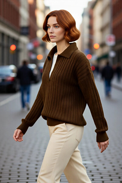 PayBuy Pulover de tricotat oversize pentru femei, cu guler polo, cu mâneci jo...