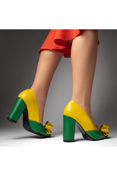 BMoD Women's yellow with green genuine leather shoes with thick heel and bow MOD12923