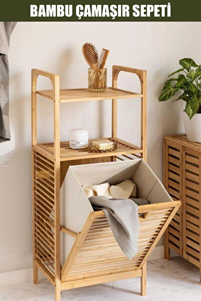 CMT 2 RAFLI & ÇEK AÇ SEPET AHŞAP BAMBU KİRLİ ÇAMAŞIR SEPETİ
