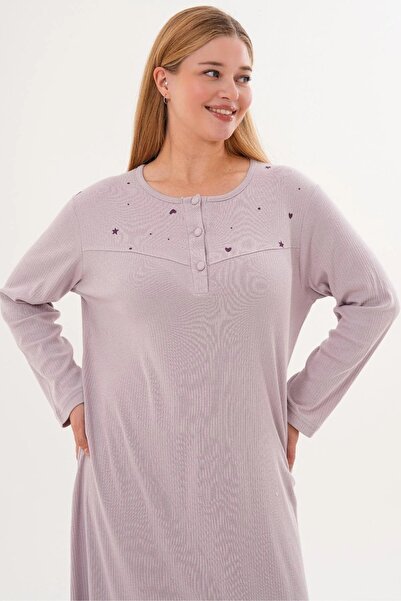 By Mecit Pijama Women's Large Size Long Sleeve Interlock Fabric Mother's Nightgown 100% Cotton