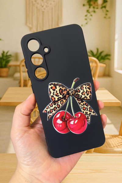 Vip Case Samsung Galaxy S23FE Uyumlu Kiraz Leopar Fiyonk Desenli Silikon Darbe Emici Rubber Kılıf