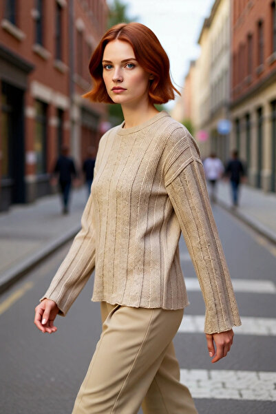 PayBuy Tricotaj cu nervuri pentru femei, cu croială obișnuită, pulover, cu gâ...