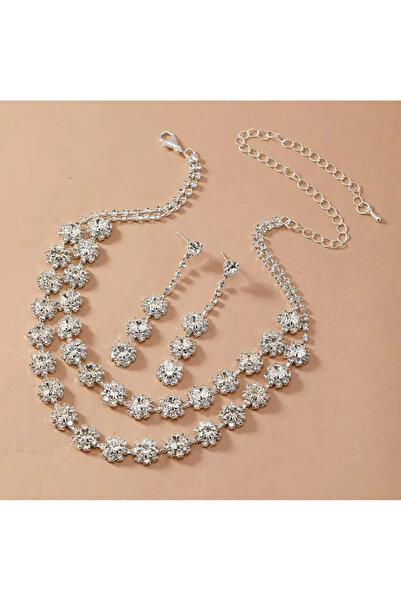 TAKİŞKO Completely Covered with Zircon Stones Silver Color Handmade Design Set