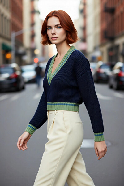 PayBuy Kadın Oversize V Yaka Renk Bloklu Triko Kazak Soğuk Havalar İçin Basic...