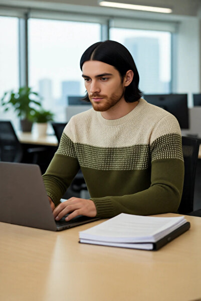 PayBuy Men's Fitted Crew Neck Long Sleeve Color Block Acrylic Knit Sweater Ideal for Everyday Chic