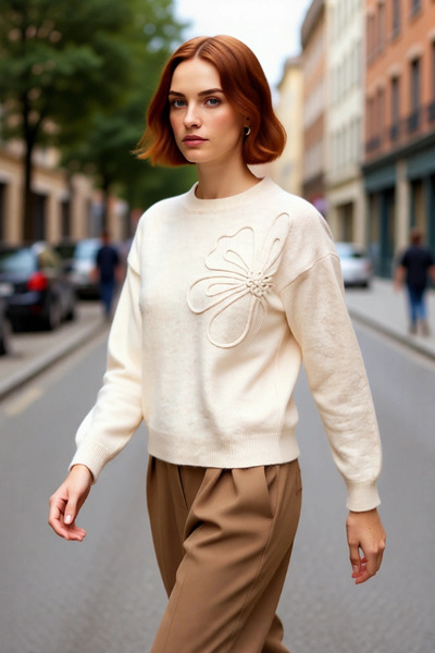 PayBuy Tricotaj gri cu model floral brodat pentru femei Pulover cu gât rotund...