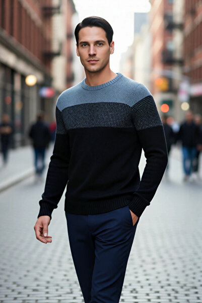 PayBuy Men's Fitted Crew Neck Long Sleeve Color Block Acrylic Knit Sweater Ideal for Everyday Chic