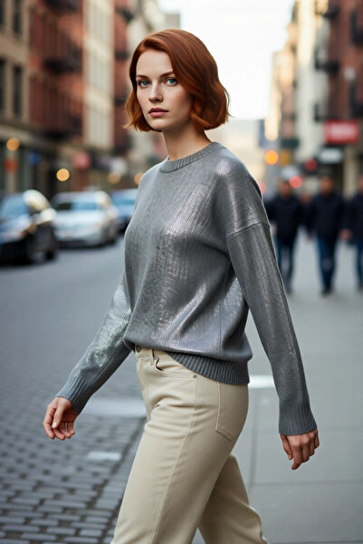 PayBuy Tricotaj gri cu mânecă lungă, cu gâtul rotund, oversize pentru femei, ...