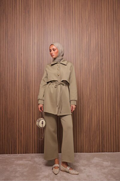 Mira İpek Scuba Fabric Tie-Waist Pants Hijab Two-Piece Set with Shawl Gift