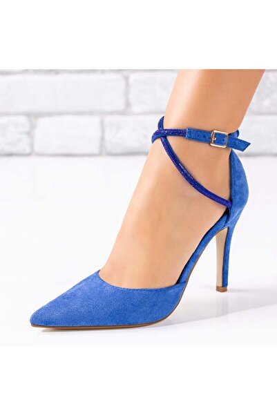Modlet.ro Women's blue suede stiletto heels with rhinestone strap MOD09038